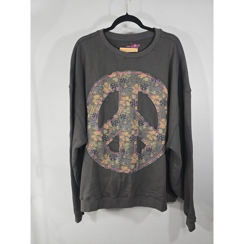 Natural Life NWT Floral Peace Sign Sweatshirt L/XL Gray Oversized Cozy Boho AO